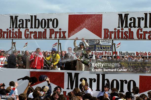 Clay Regazzoni, René Arnoux, Jean-Pierre Jarier, Grand Prix of Great Britain, Silverstone Circuit, 14 July 1979. Clay Regazzoni celebrating the first...