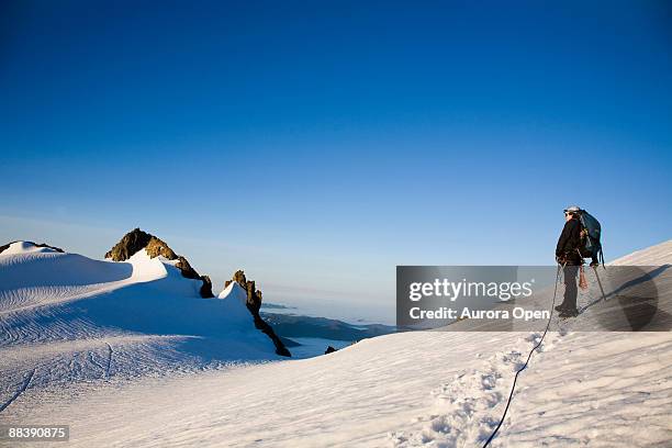 a climber takes a break while crossing a dangerous glacier in route to the summit of mt. olympus. - mount-olympus-olympic-national-park stock pictures, royalty-free photos & images