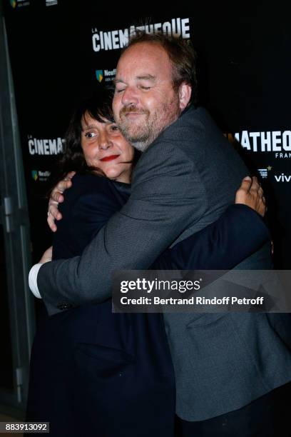 Producer of the movie Sylvie Pialat and Director of the movie Xavier Beauvois attend the "Les Gardiennes" Paris Premiere at la cinematheque on...