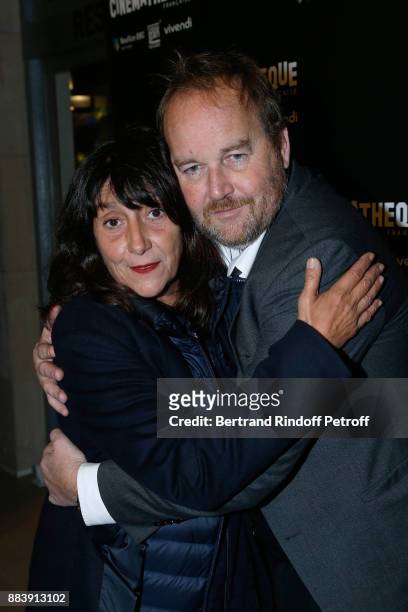 Producer of the movie Sylvie Pialat and Director of the movie Xavier Beauvois attend the "Les Gardiennes" Paris Premiere at la cinematheque on...