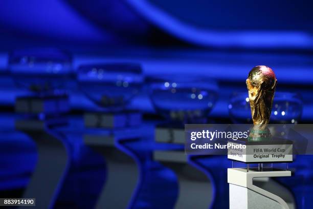 World Cup winner's trophy seen during the Final Draw for the 2018 FIFA World Cup at the State Kremlin Palace on December 01, 2017 in Moscow, Russia.