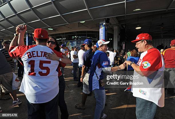 Team Puerto Rico fans arrive at Dolphin Stadium and do some dancing prior to the Pool 2 Game 2, of the second round of the 2009 World Baseball...