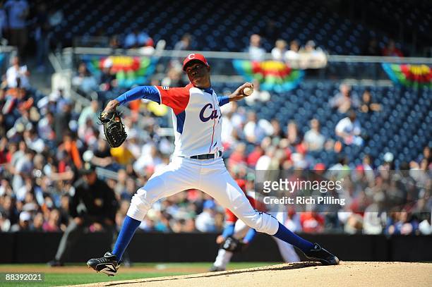 Aroldis Chapman of Cuba pitches against Japan during the Pool 1 Game 1, of the second round of the 2009 World Baseball Classic at Petco Park in San...