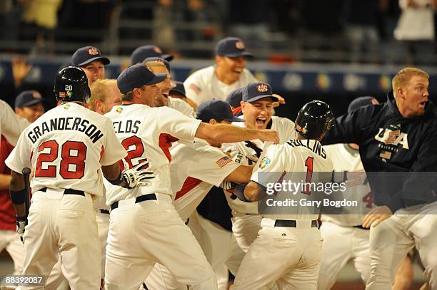 Team USA celebrates a come from behind win over Puerto Rico during the Pool 2 Game 5, of the second round of the 2009 World Baseball Classic at...