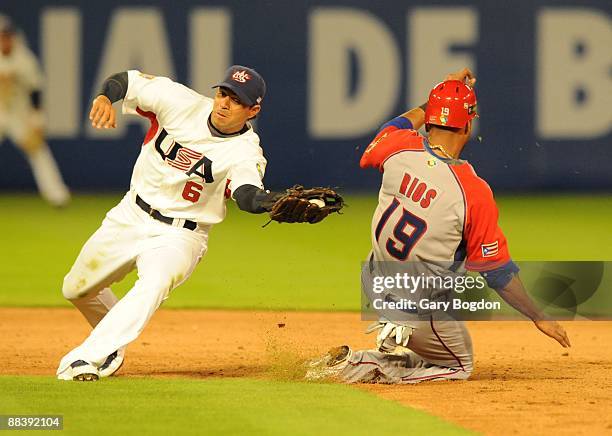 Puerto Rico's Alex Rios slides into Team USA's Brian Roberts during the Pool 2 Game 5, of the second round of the 2009 World Baseball Classic at...