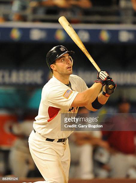 Team USA's David Wright watches his game winning double come off of the bat during the Pool 2 Game 5, of the second round of the 2009 World Baseball...