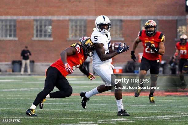 Penn State Nittany Lions wide receiver DaeSean Hamilton makes a catch against Maryland Terrapins defensive back Darnell Savage Jr. On November 25 at...