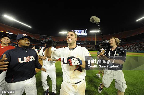 Team USA's David Wright celebrates their win over Puerto Rico during the Pool 2 Game 5, of the second round of the 2009 World Baseball Classic at...