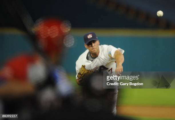Team USA's pitcher Matt Thornton throws from the mound during the Pool 2 Game 5, of the second round of the 2009 World Baseball Classic at Dolphin...