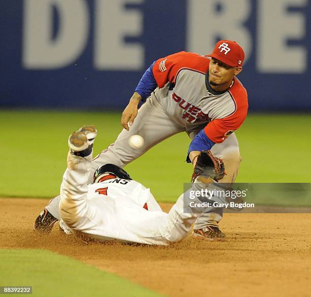 Team USA's Jimmy Rollins is safe as he slides into Puerto Rico's Felipe Lopez during the Pool 2 Game 5, of the second round of the 2009 World...