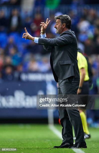 Head Coach of Malaga CF Michel Gonzalez reacts during the La Liga match between Malaga and Levante at Estadio La Rosaleda on December 1, 2017 in...