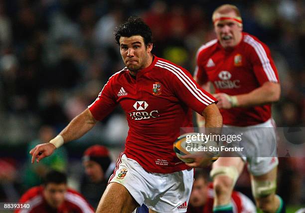 Lions scrum half Mike Phillips races to the line to score during the match between The Sharks and The British and Irish Lions at Absa Stadium on June...