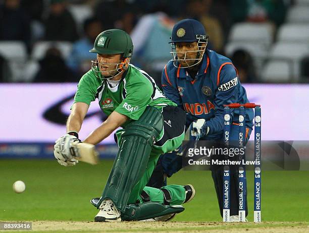 Andrew White of Ireland hits out during the ICC World Twenty20 match between Ireland and India at Trent Bridge on June 10, 2009 in Nottingham,...