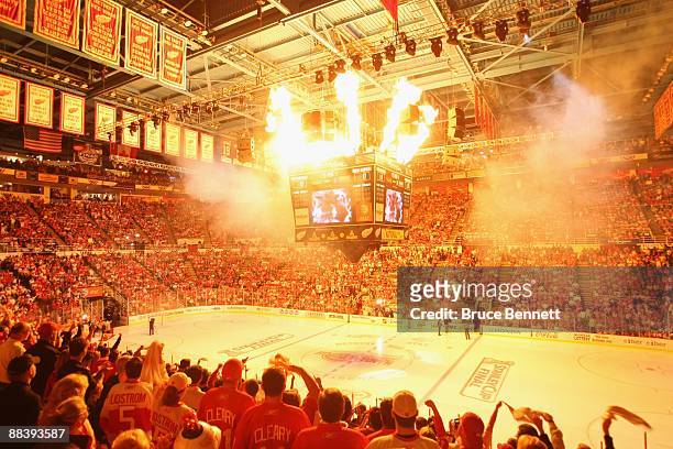 Fireworks are set off prior to the start of Game Five of the 2009 NHL Stanley Cup Finals between the Pittsburgh Penguins and the Detroit Red Wings at...