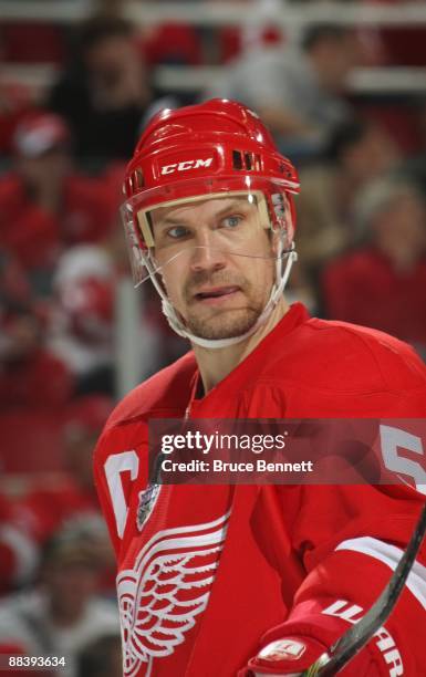 Nicklas Lidstrom of the Detroit Red Wings looks on against the Pittsburgh Penguins during Game Five of the 2009 NHL Stanley Cup Finals at Joe Louis...