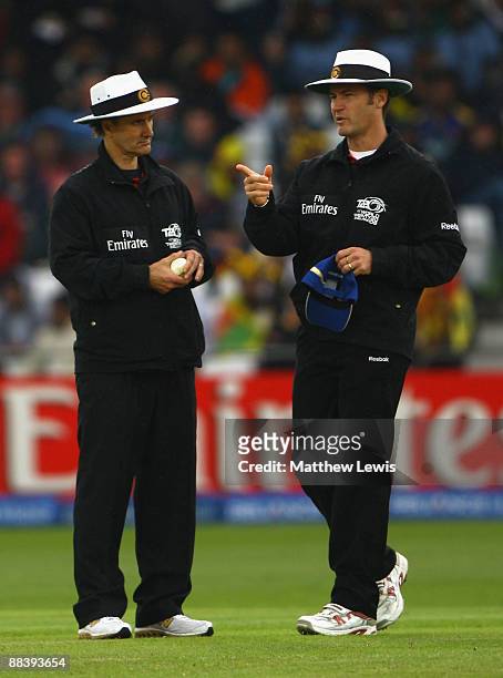 Umpire Simon Taufel and Umpire Billy Bowden confer during the ICC World Twenty20 match between West Indies and Sri Lanka at Trent Bridge on June 10,...