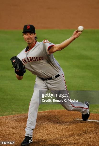 Pitcher Randy Johnson of the San Francisco Giants pitches during a game against the Florida Marlins at LandShark Stadium on June 8. 2009 in Miami,...