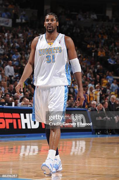 Nene of the Denver Nuggets walks down the court in Game Three of the Western Conference Finals against the Los Angeles Lakers during the 2009 NBA...