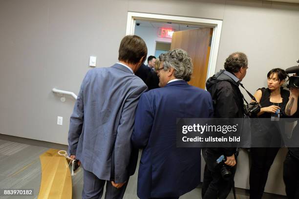 April 22 New York, NY, United State. Jean-Louis Borloo and Nicolas Hulot are leaving the press conference room together. World leaders gather at the...