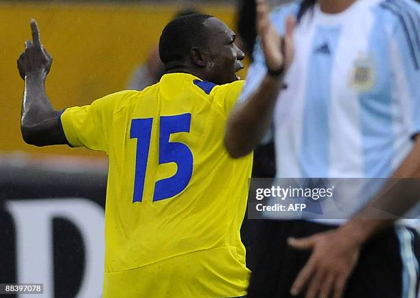 Ecuadorean Walter Ayovi celebrates after scoring against Argentina in a their FIFA World Cup South Africa-2010 qualifier football match at Atahualpa...