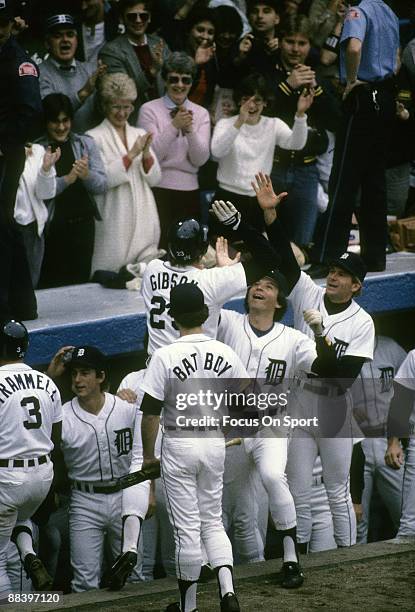 Outfielder Kirk Gibson of the Detroit Tigers high fives teammates after hitting a three run homer off of Goose Gossage of the San Diego Padres in the...