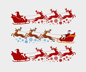 Santa Claus rides in sleigh pulled by reindeer. Christmas, xmas concept. Silhouette vector illustration