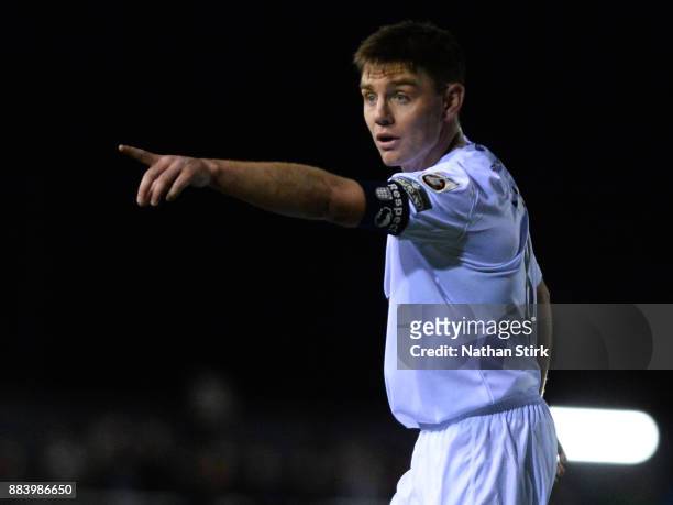 Sam Finley of AFC Fylde gives his team mates instructions during The Emirates FA Cup Second Round match between AFC Fylde and Wigan Athletic on...