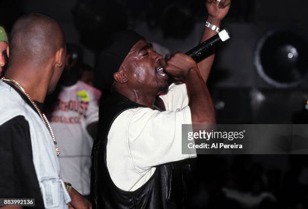 Rapper Tupac Shakur performs onstage at the Palladium on July 23, 1993 in New York, New York.