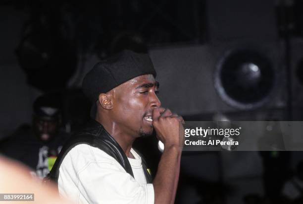 Rapper Tupac Shakur performs onstage at the Palladium on July 23, 1993 in New York, New York.