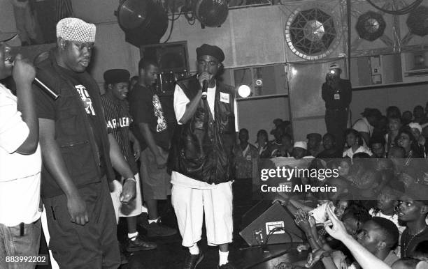 Rapper Tupac Shakur performs onstage at the Palladium on July 23, 1993 in New York, New York.