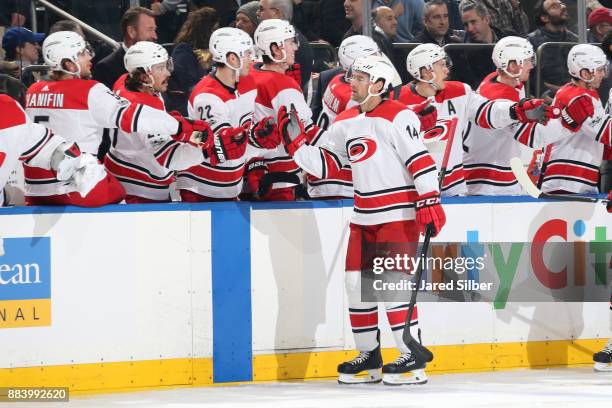 Justin Williams of the Carolina Hurricanes celebrates after scoring a goal against the New York Rangers in the first period at Madison Square Garden...