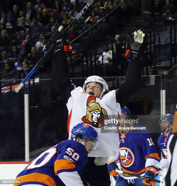 Bobby Ryan of the Ottawa Senators celebrates his goal against the New York Islanders at 18:55 of the first period at the Barclays Center on December...