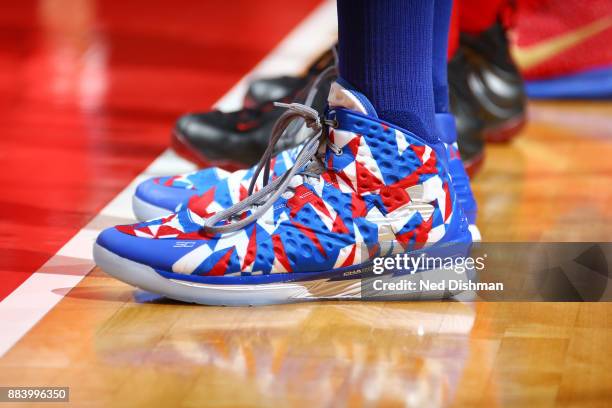 The sneakers of Anthony Tolliver of the Detroit Pistons are seen on the court during the game against the Washington Wizards on December 1, 2017 at...