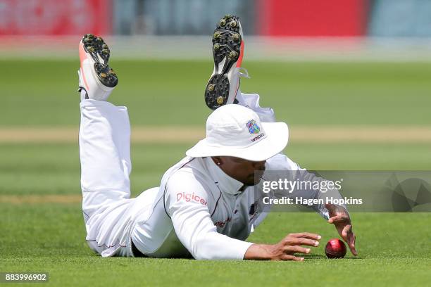 Kieran Powell of the West Indies fields the ball during day two of the Test match series between New Zealand Blackcaps and the West Indies at Basin...