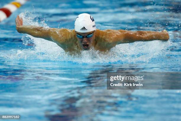 Josh Pernot of California Aquatics swims to first place during the A-Final of the men's 100 yard butterfly during day 3 of the 2017 Swimming Winter...