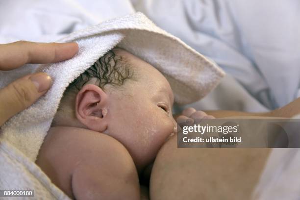 Berlin - : Baby kurz nach der Geburt wird an Mutters Brust gestillt, -