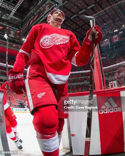 Xavier Ouellet of the Detroit Red Wings leaves the ice after warm ups prior to an during an NHL game against the New Jersey Devils at Little Caesars...