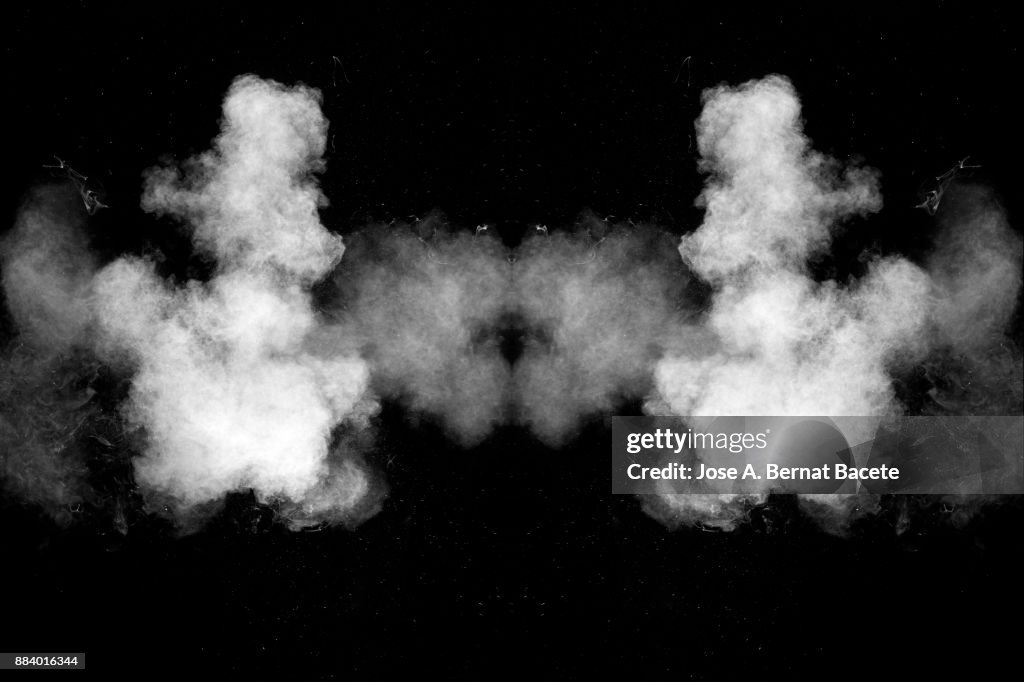 Forms and textures of an explosion of smoke and powder of white color on a  black background.