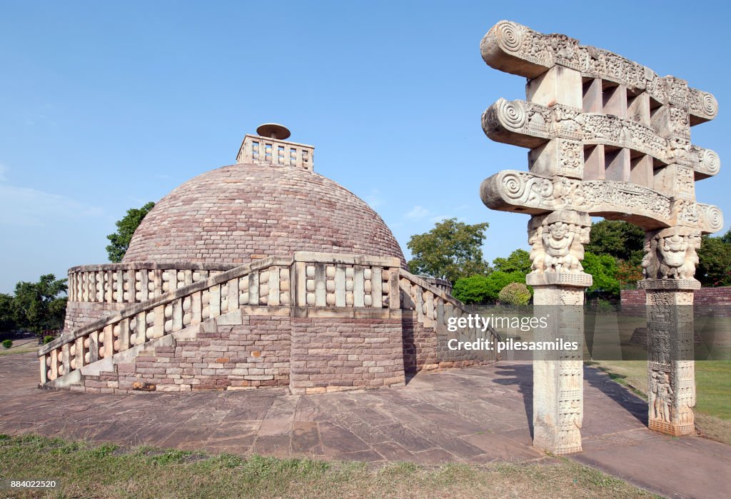 Stone pillar gateway of Buddhist Stupa, Sanchi, Madhya Pradesh, India