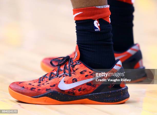 The shoes worn by DeMar DeRozan of the Toronto Raptors during the first half of an NBA game at Air Canada Centre on December 1, 2017 in Toronto,...