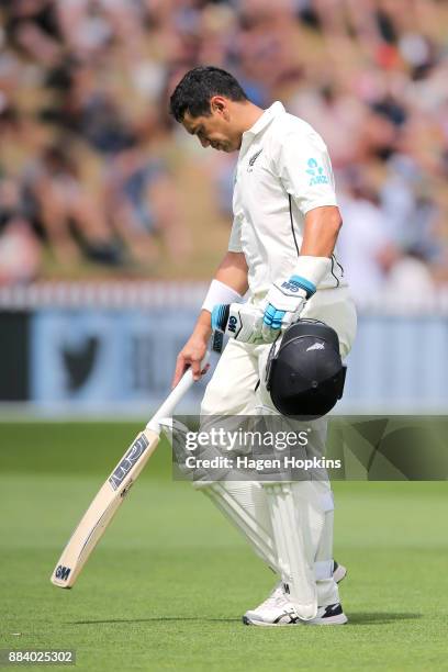 Ross Taylor of New Zealand leaves the field after being dismissed during day two of the Test match series between New Zealand Blackcaps and the West...