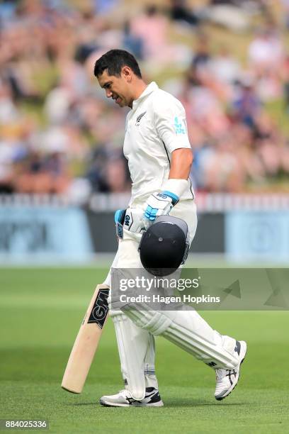 Ross Taylor of New Zealand leaves the field after being dismissed during day two of the Test match series between New Zealand Blackcaps and the West...