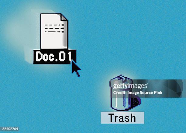 deleting document - wastepaper basket stock-fotos und bilder