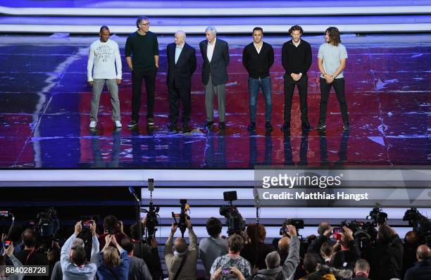 Cafu, Laurent Blanc, Nikita Simonyan, Gordon Banks, Fabio Cannavaro, Diego Forlan and Carles Puyol pose for a photo after the rehearsal for the 2018...