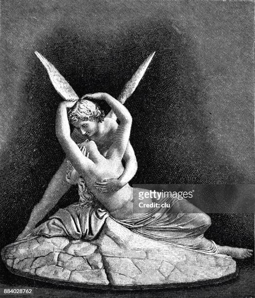 cupid and psyche statue embracing each other with spread wings - animal body part stock illustrations