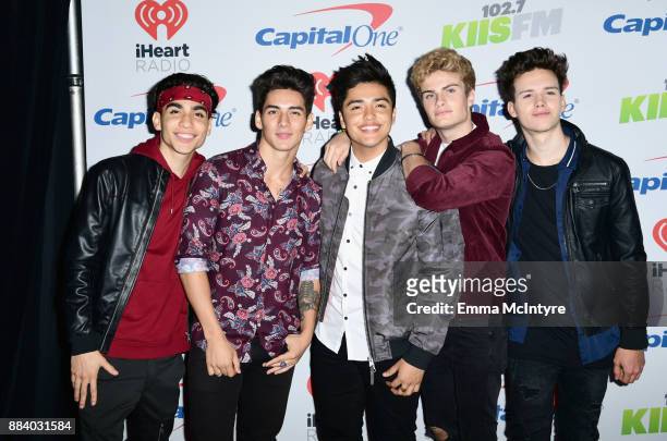 Drew Ramos, Chance Perez, Sergio Calderon, Brady Tutton, and Michael Conor of In Real Life pose in the press room during 102.7 KIIS FM's Jingle Ball...