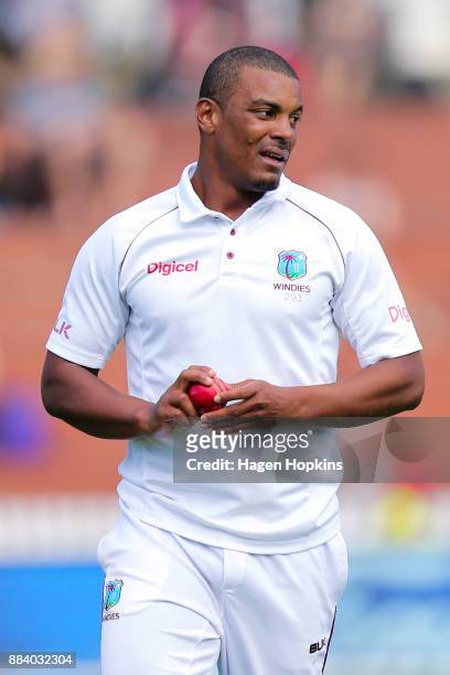 Shannon Gabriel of the West Indies prepares to bowl during day two of the Test match series between New Zealand Blackcaps and the West Indies at...