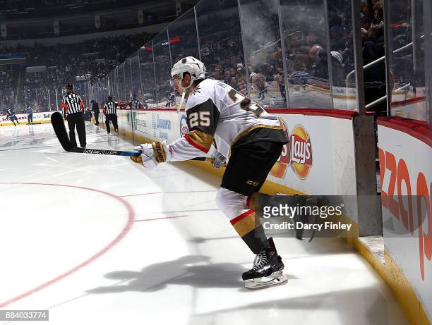 Stefan Matteau of the Vegas Golden Knights hits the ice prior to puck drop against the Winnipeg Jets at the Bell MTS Place on December 1, 2017 in...