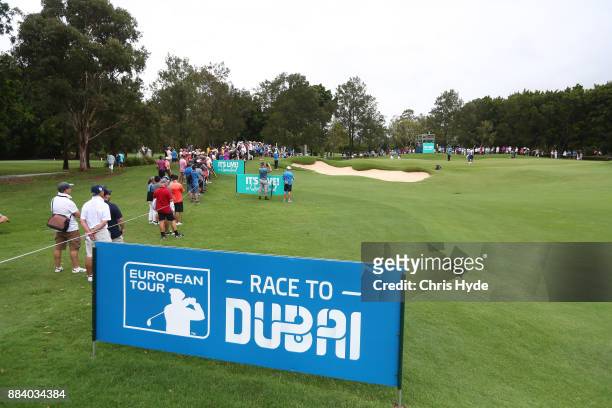 Race to Dubai sign on the 1st hole during day three of the 2017 Australian PGA Championship at Royal Pines Resort on December 2, 2017 in Gold Coast,...