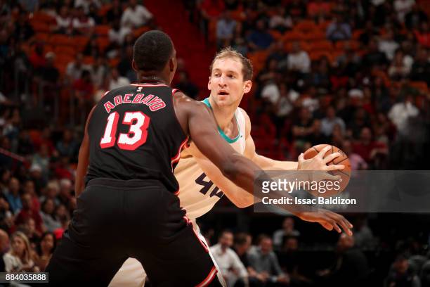 Cody Zeller of the Charlotte Hornets handles the ball against the Miami Heat on December 1, 2017 at American Airlines Arena in Miami, Florida. NOTE...